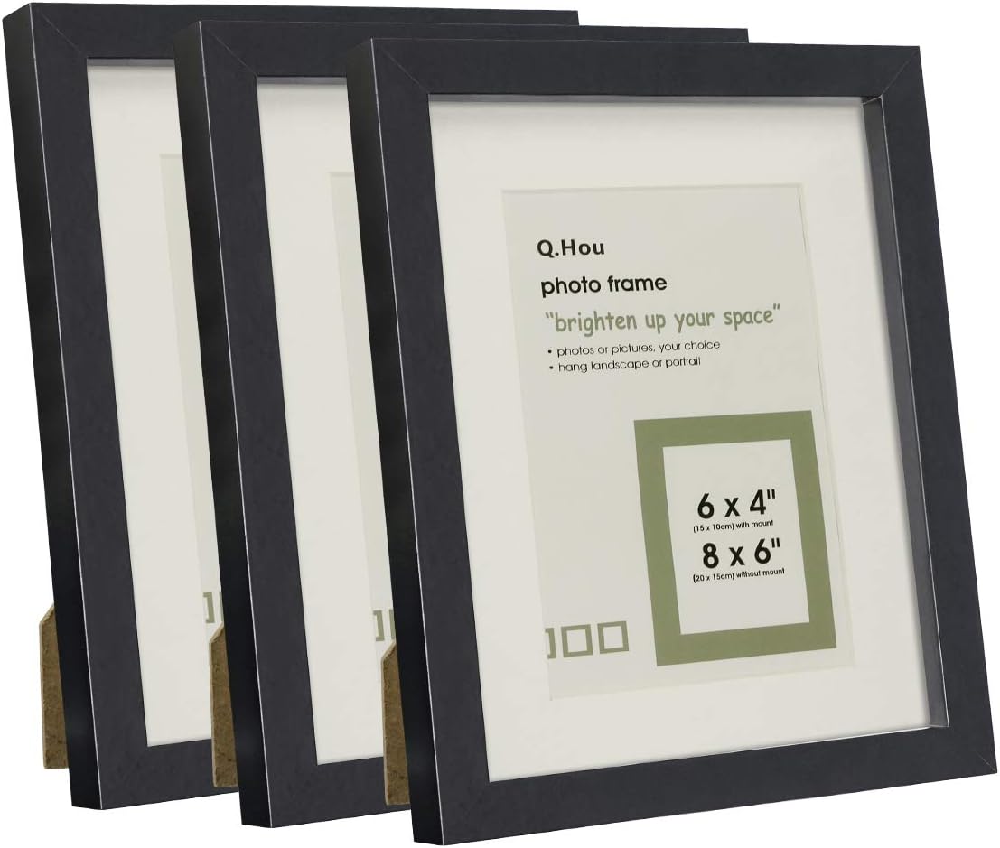 Q.Hou 8x6 Inch Black Picture Photo Frame with Mat, Mount for 6x4