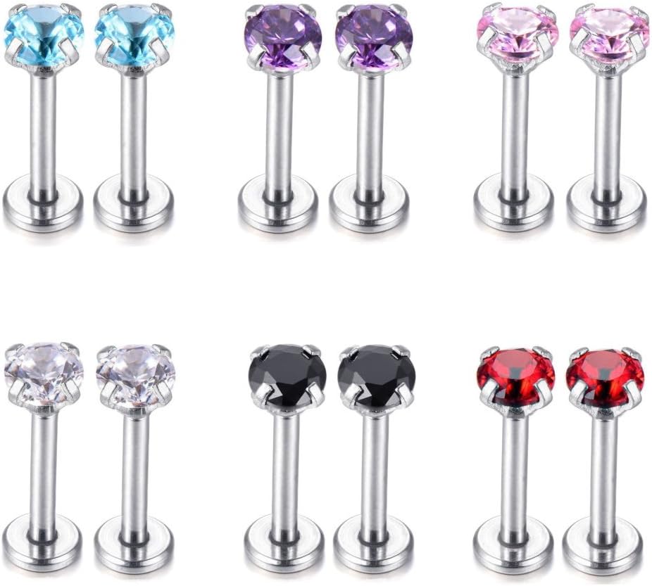 Kokoma 16G 2/3/4mm Cartilage Helix Tragus Nose Lip Stud Earrings CZ Crystal Body Piercing Set of 6 Pairs