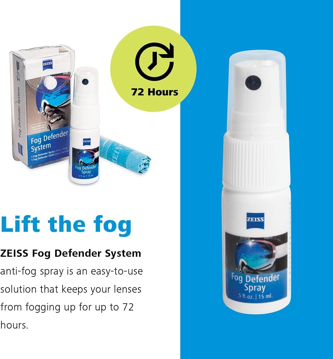 ZEISS Fog Defender System Anti-Fog Spray for Glasses – 1 Spray Bottle and 1 Microfiber Cloth