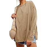 Womens Oversized Long Sleeve Shirts Crew Neck Casual Tops Loose Fit Side Slit Fall Tees