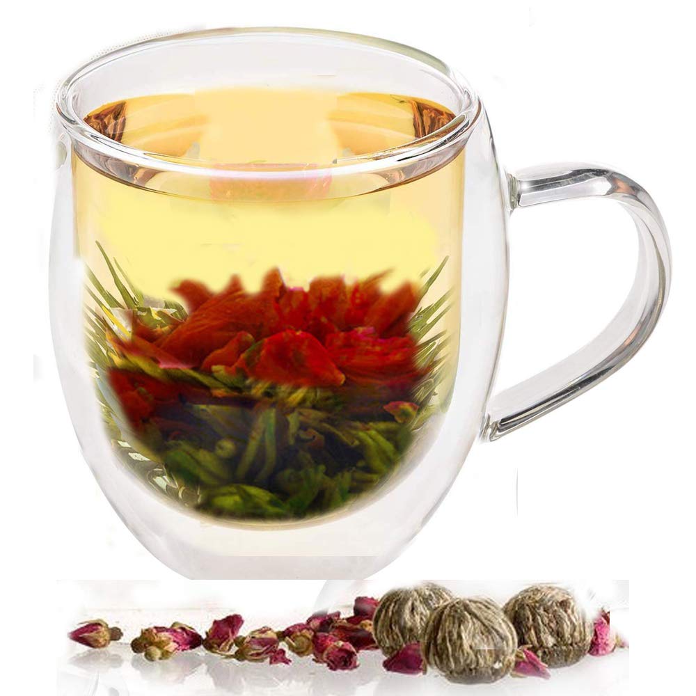 Tea Gift Double Walled Glass Cup 350 ml / 12 oz with 2 Flowering Green Tea Balls Blooming. Great clear double wall insulated mug for serving coffee, tea, hot chocolate, latte, espresso.