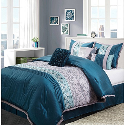 7 Piece Teal Aqua Silver Embroidered Floral Pintuck Comforter Set