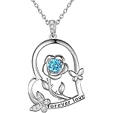 925 Sterling Silver Heart Rose Flower Birthstone Necklace for Women Butterfly Pendant Necklace Elegant Rose Promise Necklace Birth Stone Necklace Rose Flower Jewelry Christmas Gifts for Women Mom Her
