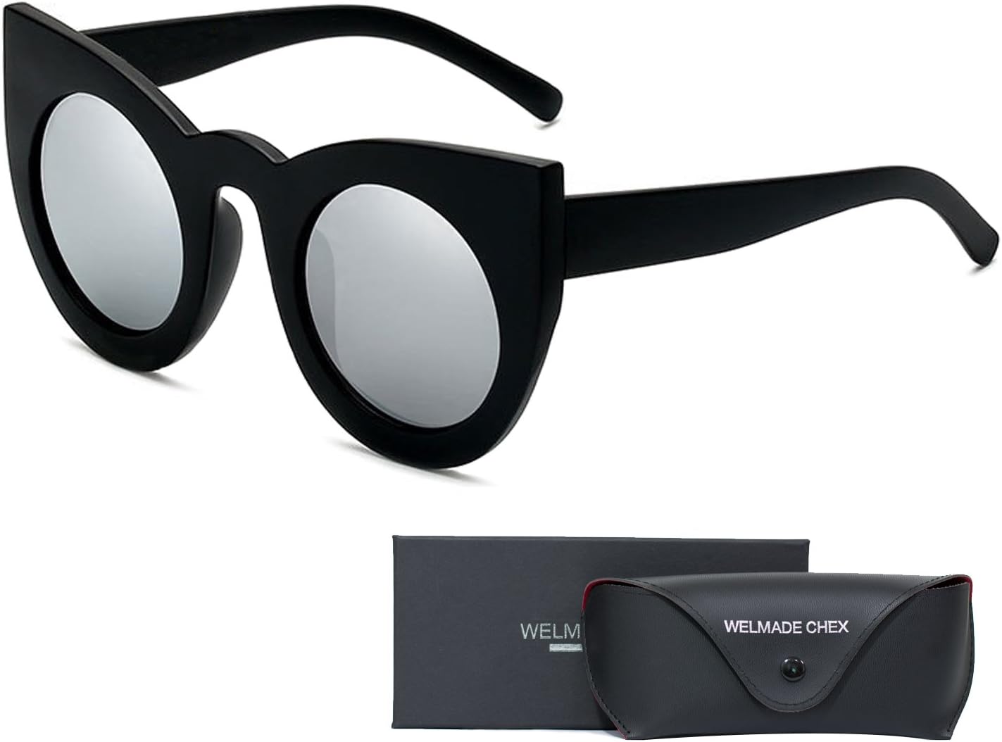 Fashionable Chic Super Cat Eye Sunglasses Sexy Cat Eye Sun Glasses Geometric Circle Frame Cateyes (BLACK, SILVER)