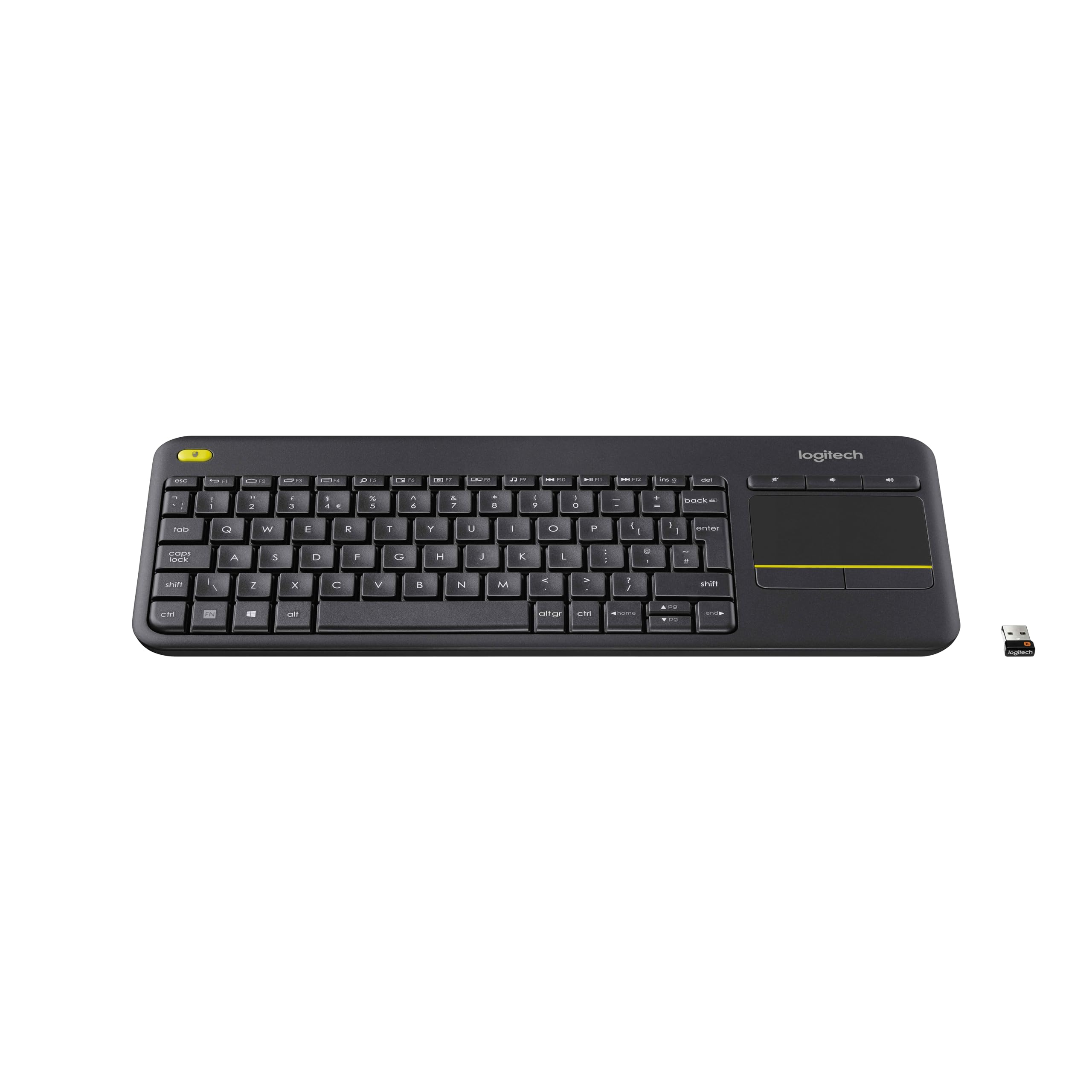 Logitech K400 Plus Kabellose TV-Tastatur mit Touchpad, 2.4 GHz Verbindung via Unifying USB-Empfänger, Programmierbare Multimedia-Tasten, Windows/Android/ChromeOS, Schweizer QWERTZ-Layout - Schwarz