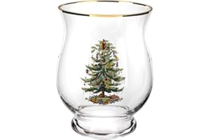 Spode Christmas Tree Hurricane Pillar Candle Holder, Glass Flower Vase, Terrarium Planter, Decorative Centerpiece, Use for Floating Tealights, Home Display, Holiday, 6.5”