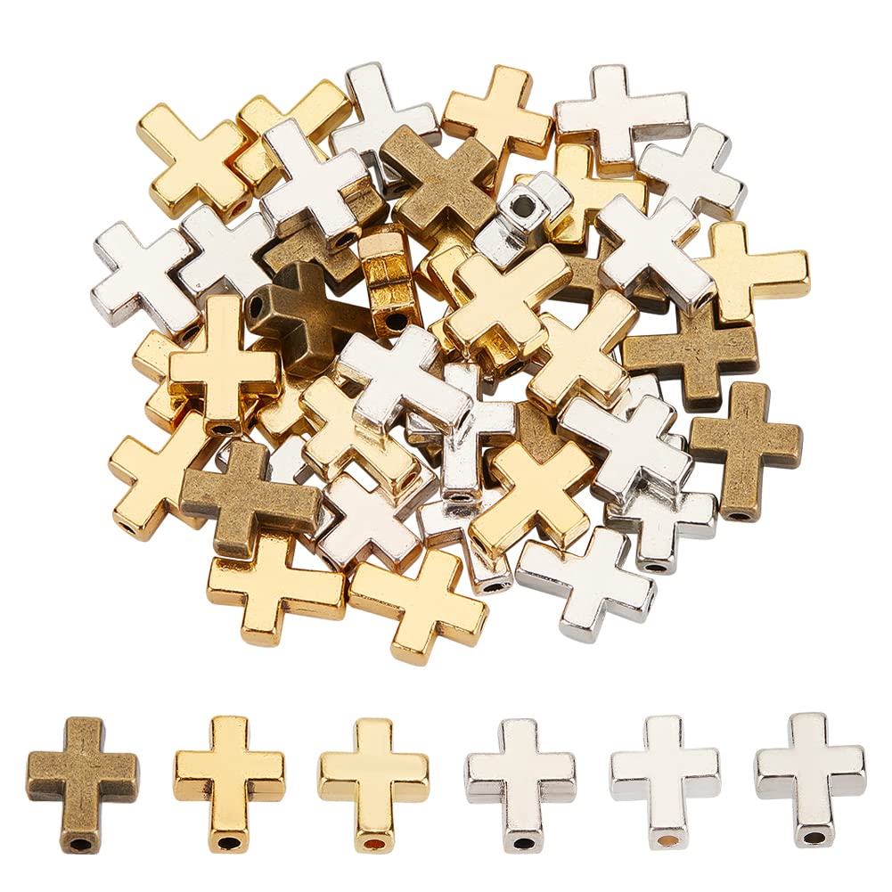 HOBBIESAY 60Pcs 15mm Cross Spacer Beads 6 Colors Alloy Golden Silver Crucifix Loose Beads Big Hole Tibetan Style Cross Holy Charm Beads for DIY Rosary Bracelet Necklace Jewelry Making,Hole 2mm