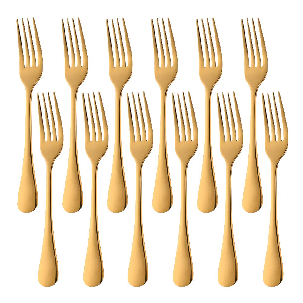 SUNSENGEUR 12-Piece (20 cm, 8 inchs) Fine Stainless Steel Dinner Forks Table Forks, Heavy Duty and Mirror Polishing Forks Set Oxford European Style-Gold
