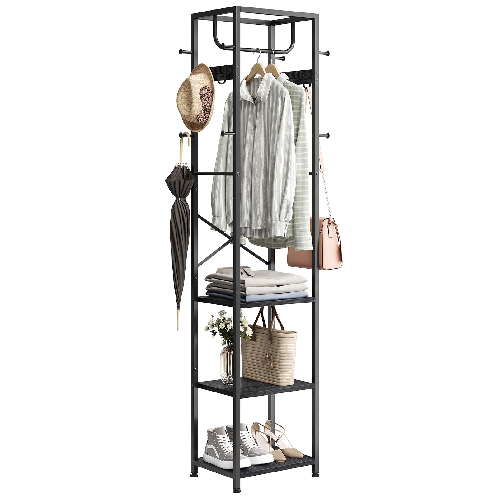 Photo 1 of ELYKEN Coat Rack Freestanding, Hall Tree with 3 Storage Shelves and 12 Hooks, Metal Clothes Rack Stand Organizer for Bedroom, Hallway, Entryway, Office, Living Room, Black