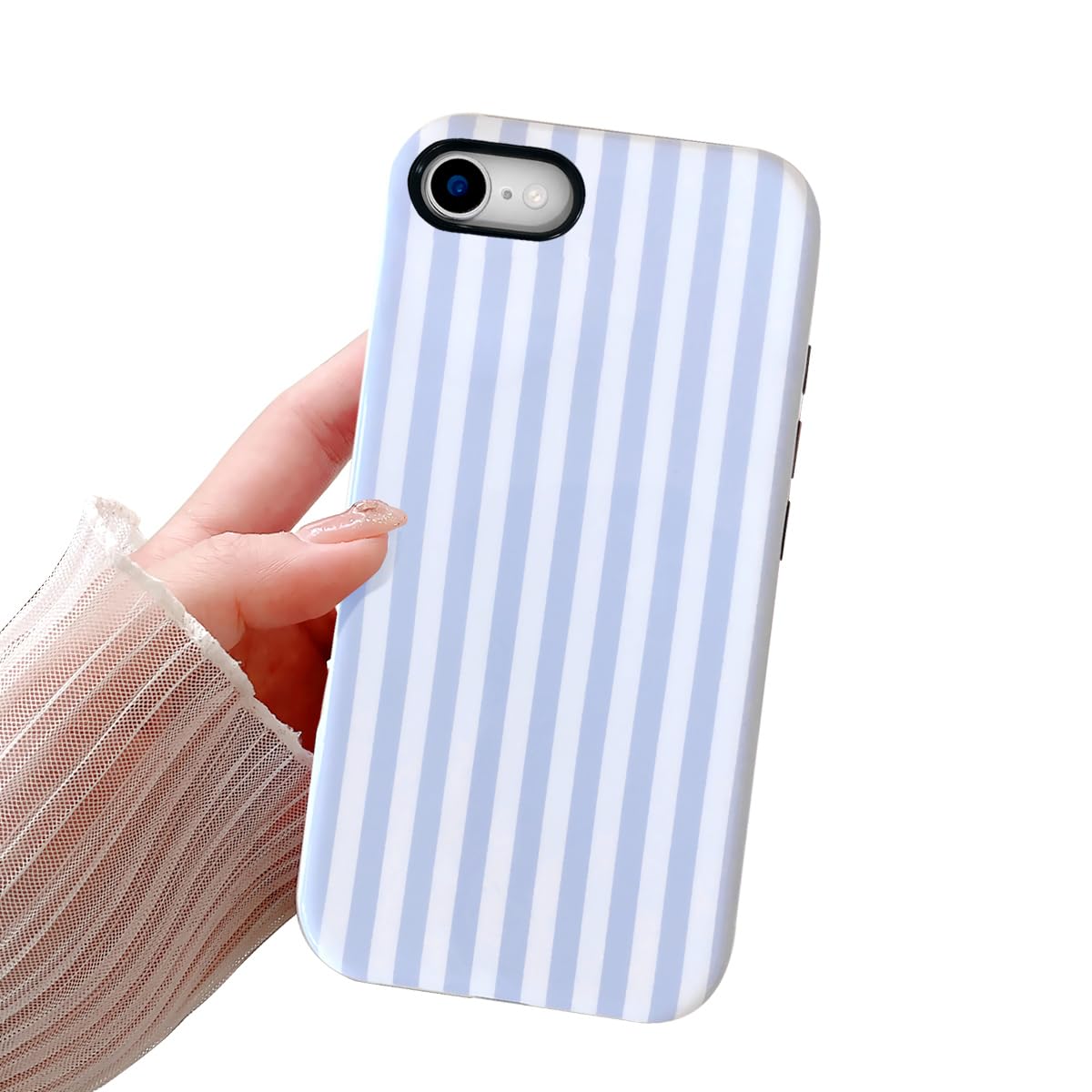 Compatible with iPhone SE /8/7 Cute Phone Case,Striped Aesthetic Pattern Design,Scratch Resistant Hybrid 2-Layer Shockproof Protective Cover for Girls Women-Blue
