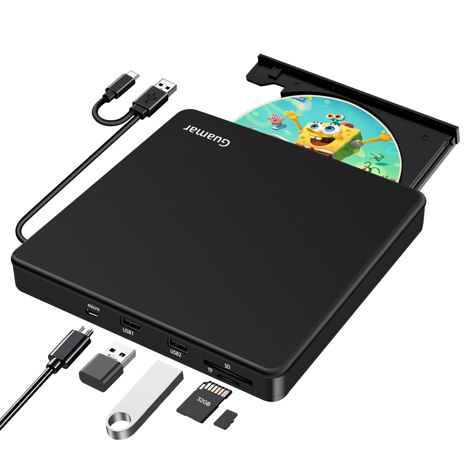 Guamar External DVD Drive USB 3.0 DVD Player for Laptop with 2 USB Ports and 2 TF/SD Card Slots CD Burner for Mac PC Windows Linux(Black)