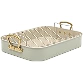 Gibson Home Broxton 2-Piece Nonstick Roaster Pan with Rack – 16 x 12 Inch Mint Green Turkey Roasting Pan with Cast Aluminum Gold Handles – Oven-Safe, Easy-Clean, Holiday Cookware