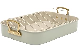 Gibson Home Broxton 2-Piece Nonstick Roaster Pan with Rack – 16 x 12 Inch Mint Green Turkey Roasting Pan with Cast Aluminum Gold Handles – Oven-Safe, Easy-Clean, Holiday Cookware