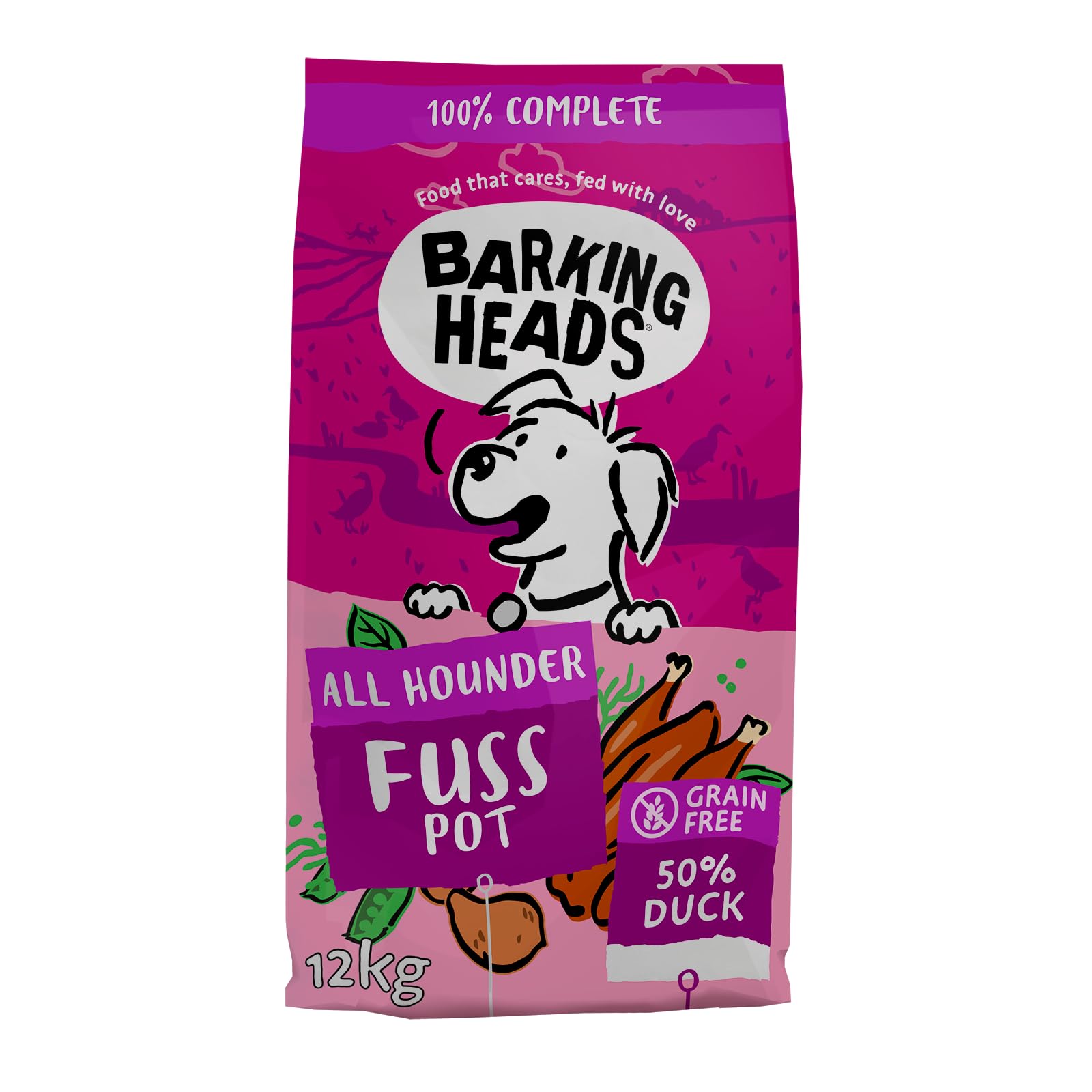 Barking Heads Complete Dry Dog Food 12kg - Adult All Hounder Fuss Pot Duck - Natural Grain Free Hypoallergenic for Fussy Eaters & Sensitive Stomachs - Vet Approved