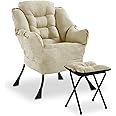 Modern Lazy Chair Single Sofa with Bench, Comfy Armchair Soft Lounge Accent Chair with Footstool/Side Pockets/Thick Cushion for Living Room, Bedroom, Office (Beige with Bench)