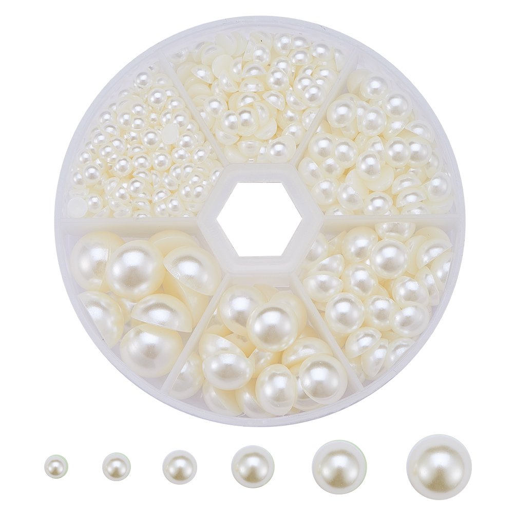 PandaHall Elite - 1 box containing approx. 690 imitation pearls in acrylic ABS. Domes, cabochons, semi-round, white, 4 - 12 x 2 - 6mm, plastic, beige, 4~12x2~6mm