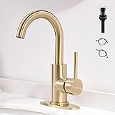 FROPO Gold Bathroom Faucets with Pop-Up Drain, Modern Single Hole Bathroom Sink Faucet with Deck Plate Single Handle Lavatory Faucets Brushed Gold Bar Vanity Faucet