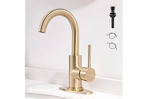 FROPO Gold Bathroom Faucets with Pop-Up Drain, Modern Single Hole Bathroom Sink Faucet with Deck Plate Single Handle Lavatory
