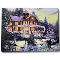 BANBERRY DESIGNS Christmas LED Canvas Print - Winter Scene Wall Art with a Victorian House in a Snowy Setting - Christmas Lights in The Trees Light Up - 16 X 12 Inches