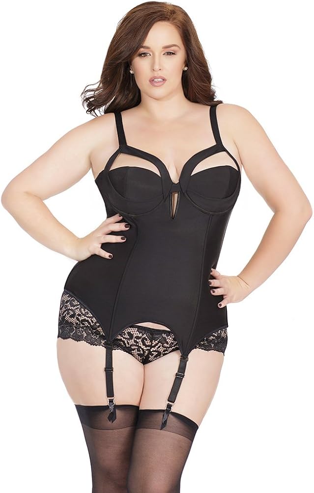 Coquette Women's Plus Size Diva Microfiber Over Powernet Boned Bustier, Black, 3X/4X: Clothing