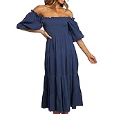 R.Vivimos Women's Summer Cotton Lantern Sleeves Ruffled Off Shoulder A-Line Midi Dresses