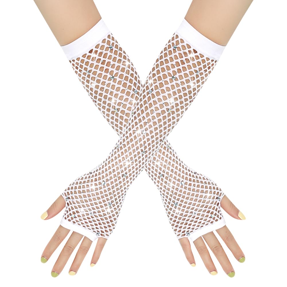FSSTUD Rhinestone Fingerless Gloves Long Fishnet Gloves Arm Sleeves 80s Costume Gloves 1980s Retro Party Accessories for Halloween White