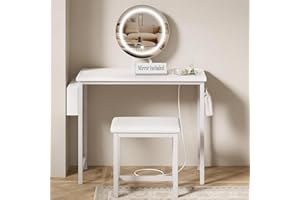 KAI-ROAD Small Vanity Desk with Mirror and Lights - Makeup Mini Girls Vanity Set Table with Chair, Power Outlet, White Compact Make Up Dressing Table for Kids Bedroom