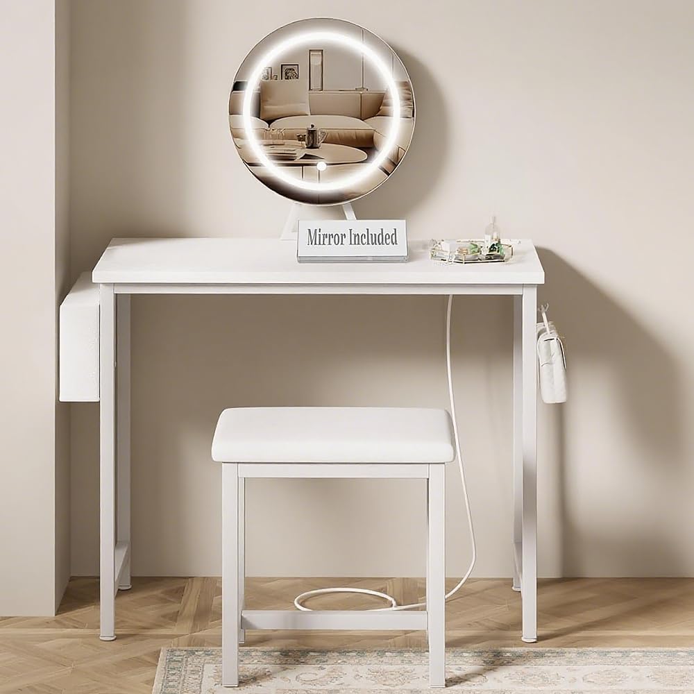 Photo 1 of Small Vanity Desk with Mirror and Lights - Makeup Mini Girls Vanity Set Table with Chair, Power Outlet, White Compact Make Up Dressing Table for Kids Bedroom