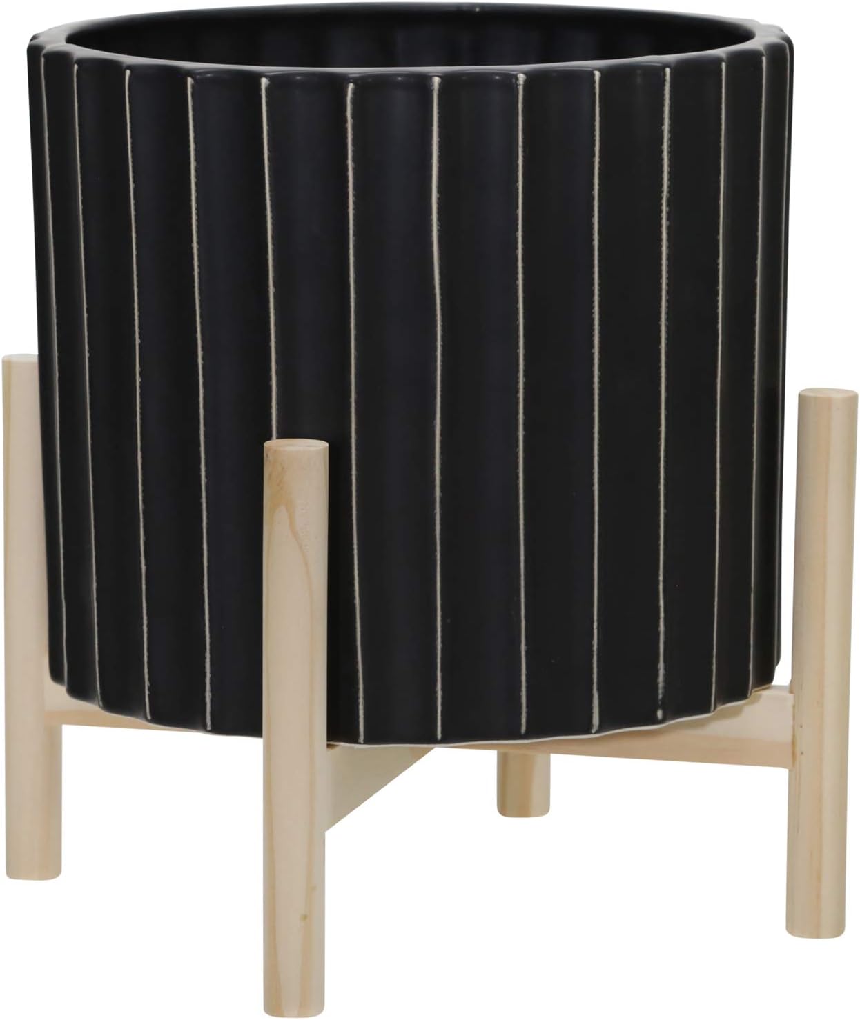12" Ceramic Fluted Planter W/ Wood Stand, Black Home & Kitchen