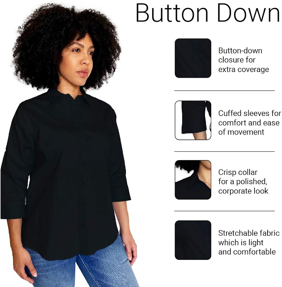 Button Down Shirts for Women 3 4 Sleeve Fitted Dress Shirt and Blouses Work Top: Clothing