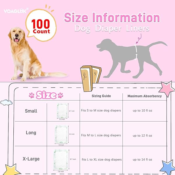 DOG DIAPER LINERS FOR MALE AND FEMALE DOGS, 100CT, SUPER ABSORBENT DISPOSABLE DOG DIAPERS BOOSTER PADS FIT MOST PET BELLY BANDS AND WRAPS (REGULAR)
