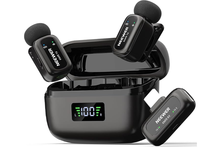 NEEWER KM19 Mini Lav Mic Compatible with iPhone 17 16 15, Black | Noise Canceling Wireless Lapel Microphone with App Control, 30h Battery, 100m Range, Compatible with iPhone Android PC
