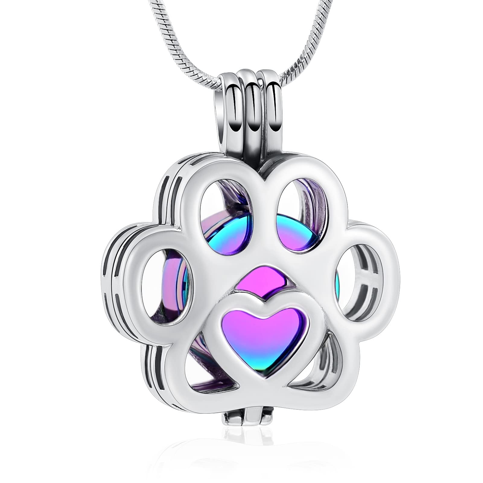 Minicremation Pet Cremation Jewelry For Ashes For Dog/Cat Paw Stainless Steel Memorial Locket Urn Necklace Inside Mini Case Keepsake Cremation Jewelry Women Men (Colorful-Silver)