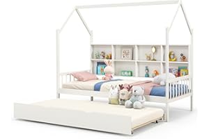 Giantex Twin House Bed with Trundle, Solid Wood Bed Frame with Roof & 8 Cube Bookcase, Wooden Slatted Support Bed Frame for Girls, Boys, No Box Spring Needed, White