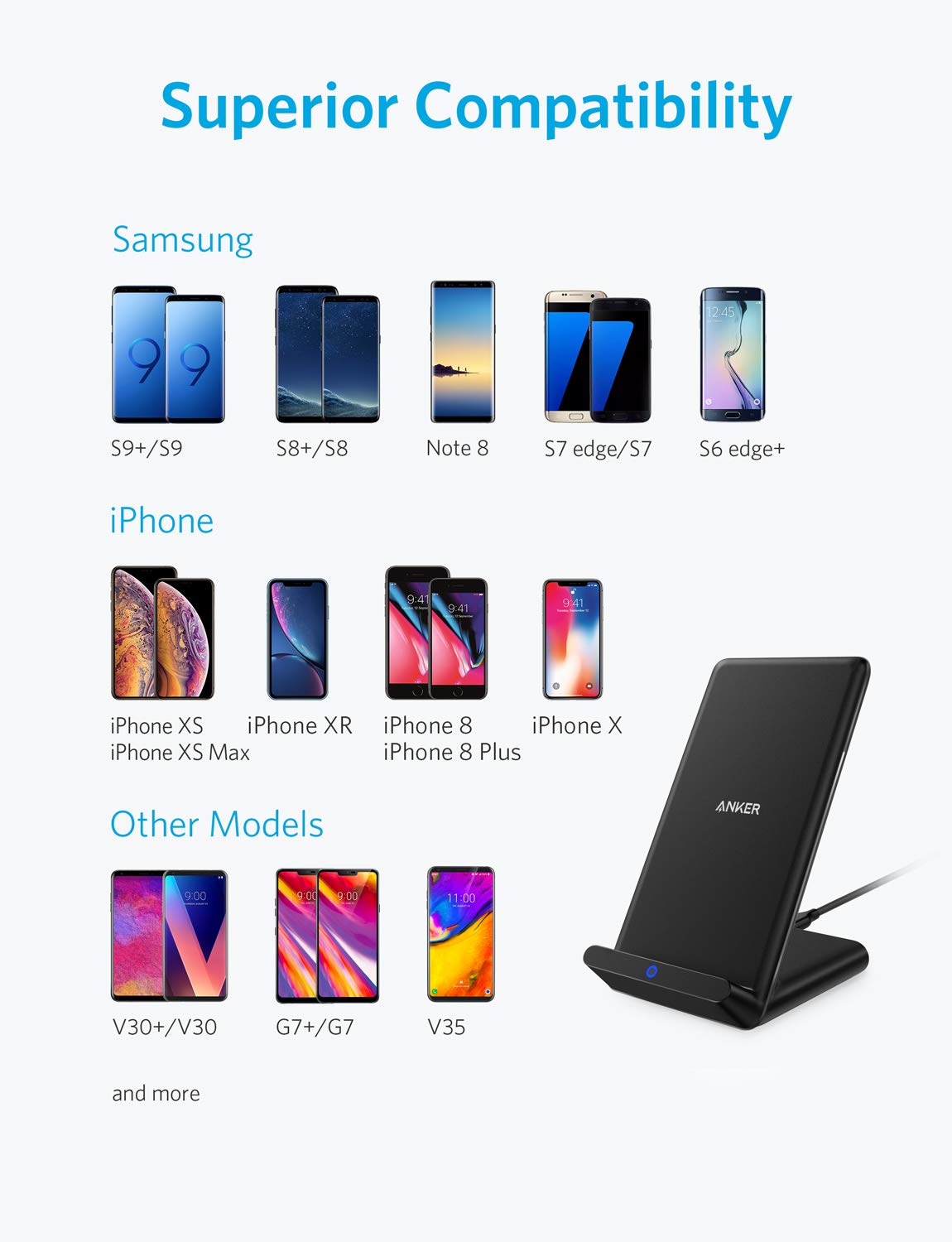 Anker Wireless Charger, Qi-Certified Wireless Charging Stand for iPhone X, iPhone 8/8 Plus, Samsung Galaxy S9/S9+/S8/S8+/S7/Note 8, and More, PowerPort Wireless 5 Stand (No AC Adapter)