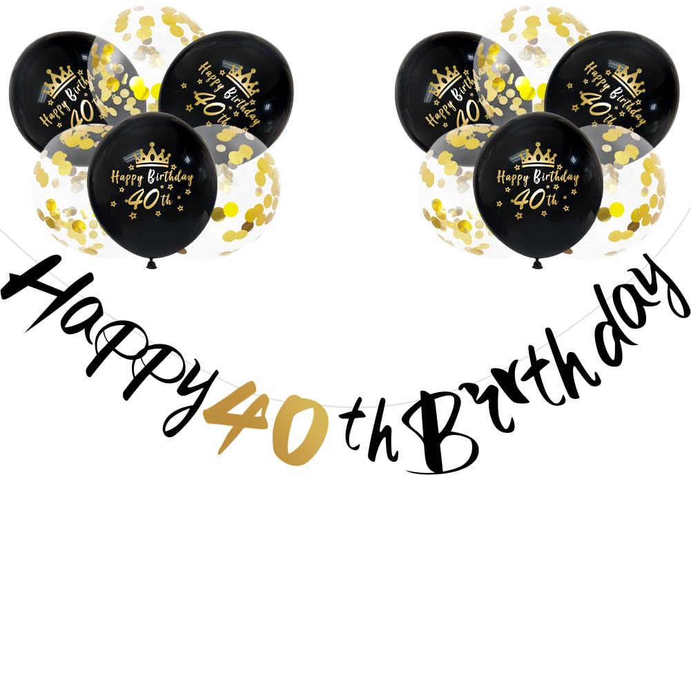 Happy 40th Birthday Banners Men Women 40th Birthday Banner Bunting Black Gold Personalized Including 12 Pack 12” Latex Printed Balloons Women Men 40 Decorations Supplies