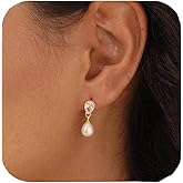 Pearl Earrings for Women Trendy, Dainty 14K Gold Plated CZ Pearl Drop Earrings Cute Dangle Earring Wedding Prom Jewelry Bridal Gifts for Her