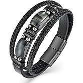 VA JENT Mens Leather Bracelet Natural Tiger Eye Protection Multilayer Braided Wristband Bangle Gifts for Him