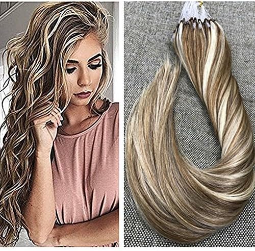 Ugeat 14" 1g/s 50strands Micro Loop Hair Extensions Dip Dyed Dirty Blonde to Bleach Blonde Micro Rings Loop Human Hair Extensions Straight Micro Ring Hair Extensions