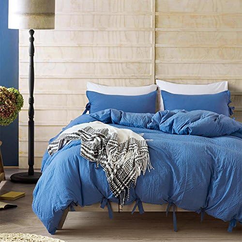 DuShow Solid Color Egyptian Wash Cotton Duvet Cover Luxury Bedding Set High Thread Count Long Staple Weave Silky Soft Breathable Bed Linen (Dark Blue,King)
