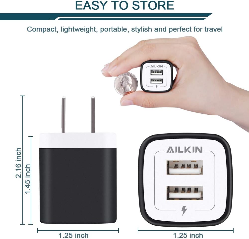 USB Wall Charger, Charger Block, Ailkin 2.1A Multiport Fast Charge Power Brick Cube Replacement for iPad, iPhone, iPod, Samsung Galaxy, Huawei, HTC, LG, Nokia or Other Cell Phone Smart Devices