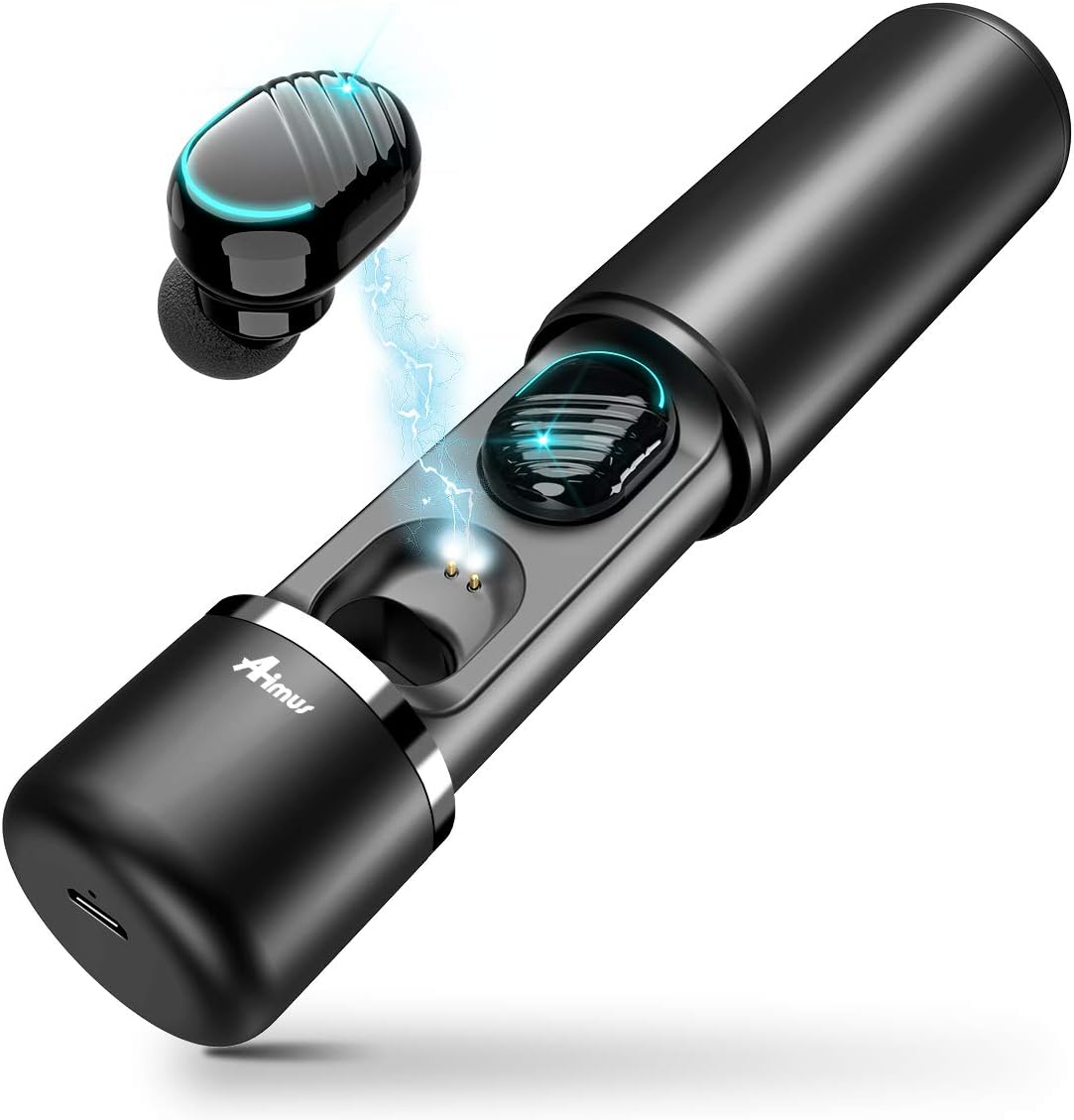 Bluetooth Headphones V5.0,Aimus True Wireless Earbuds In-Ear Earphones with Quick Charging Case and Mic,IPX5 Waterproof Headset for Sports,Running,Cycling,Gym,Travelling and Workout(Black)