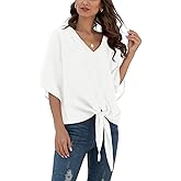 VIISHOW Womens Tie Front Chiffon Blouses V Neck Batwing Short Sleeve Summer Tops Shirts