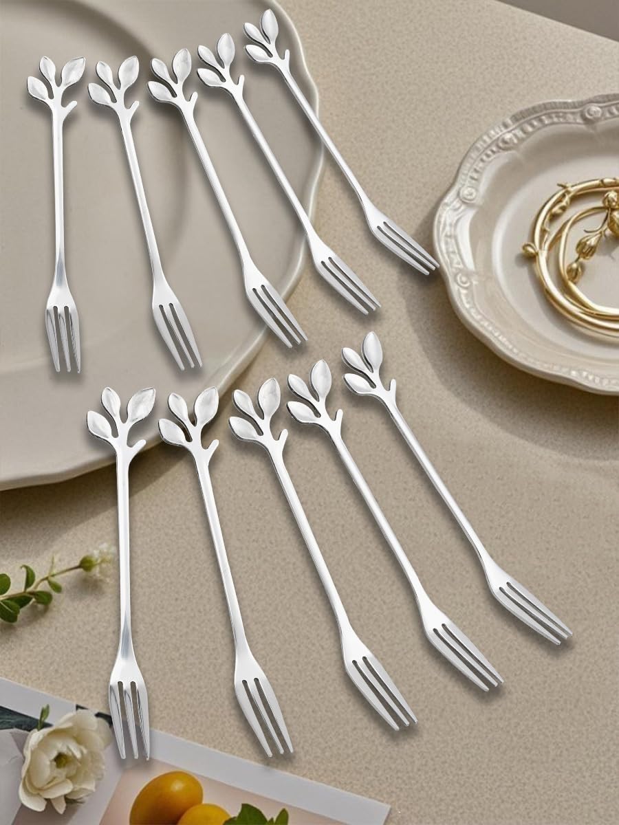 Photo 1 of 10 Piece 4.7 Inch Stainless Steel Dessert Fork Set - Botanical Leaf Design for Coffee, Dessert | Dishwasher Safe Silver
