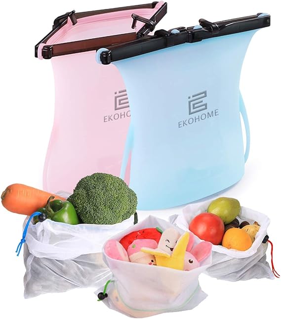 Food Storage Bags 1000ML Reusable Silicone Bags (2Pack) + Mesh Produce