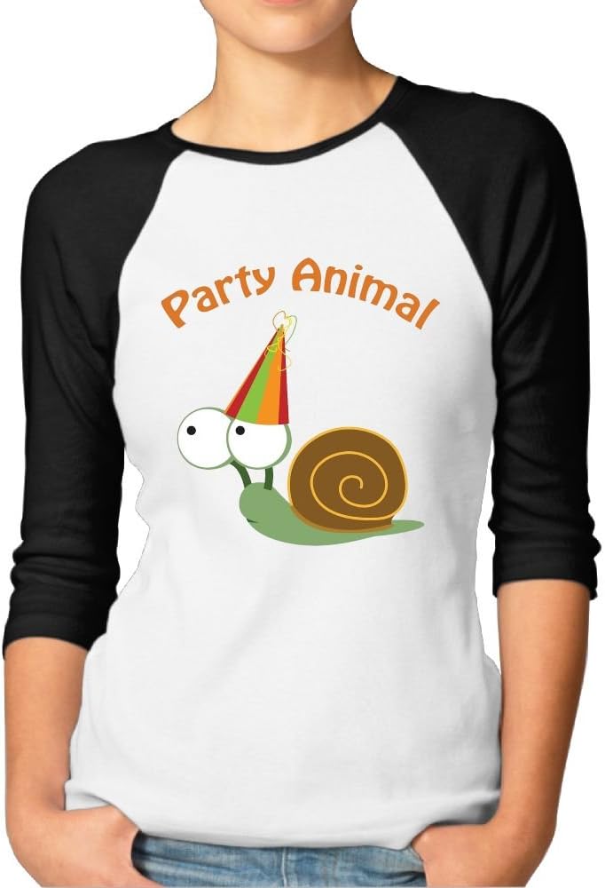 Shenigon Women's Party Animal - Snail 3/4 Sleeve Baseball Tee Raglan T-Shirts Black
