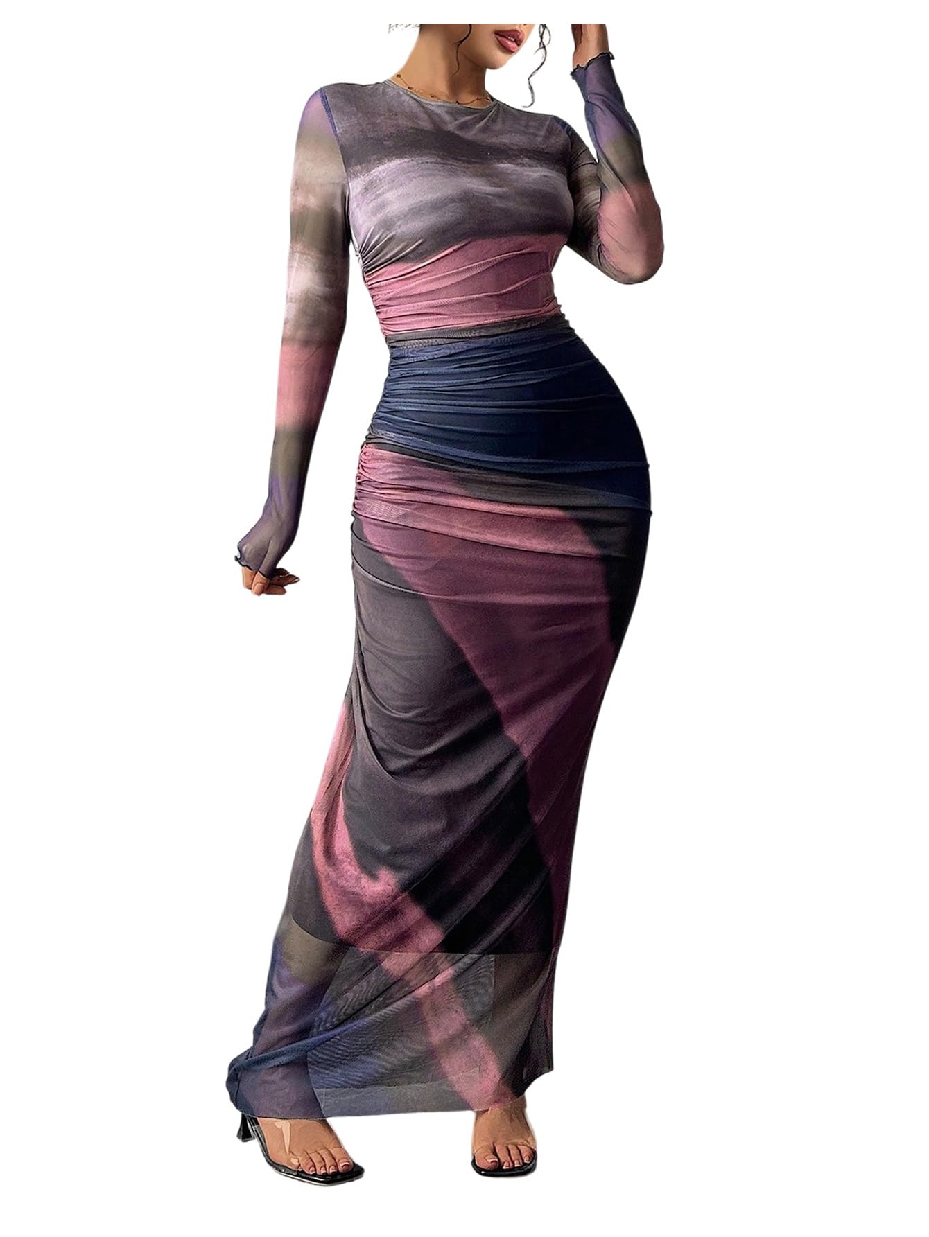 View 1 of BEAUDRM Women's Fall Wedding Guest Dress Long Sleeve Cocktail Date Night Sexy Y2K Bodycon Ruched Mesh Formal Maxi Dresses Watermelon Pink Large