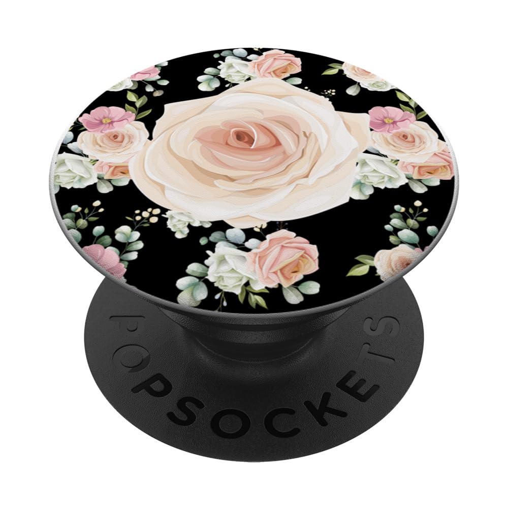 Floral Pattern Pink Flower Black Background Vintage Rose PopSockets Swappable PopGrip