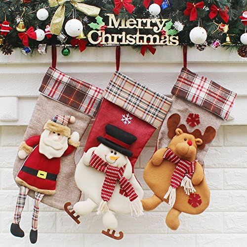 Onebycitess Lovely Christmas Stockings Set of 3 Santa Reindeer Snowman Xmas Nonwovens Tree Bag Hanging Gift Socks Handmade Stockings