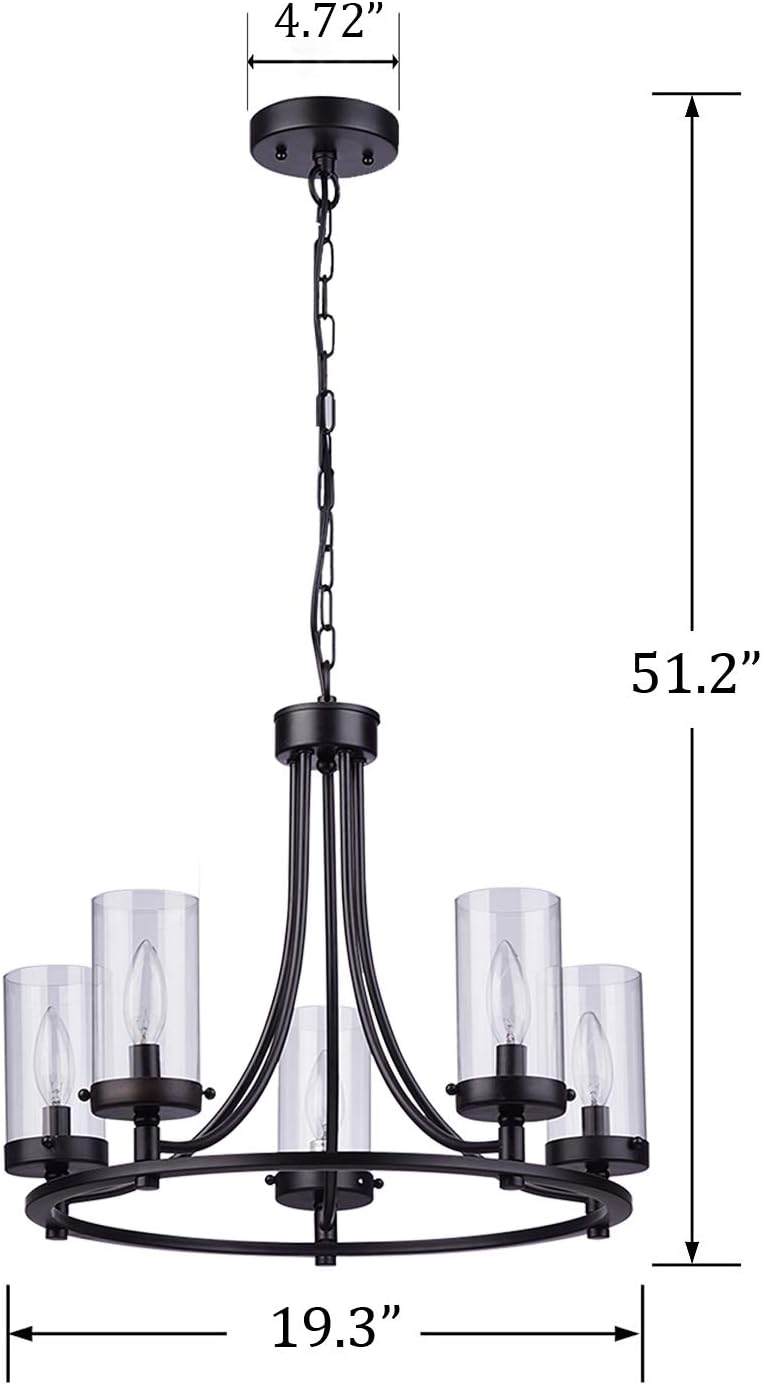 Loclgpm 19.3" Vintage Industrial 5-Lights Black Candle Chandeliers, Pendant Lighting with Glass Shades Hanging for Dining Room, Living Room, Hallway, Kitchen Island, Rustic Farmhouse, Foyer Decor - - 